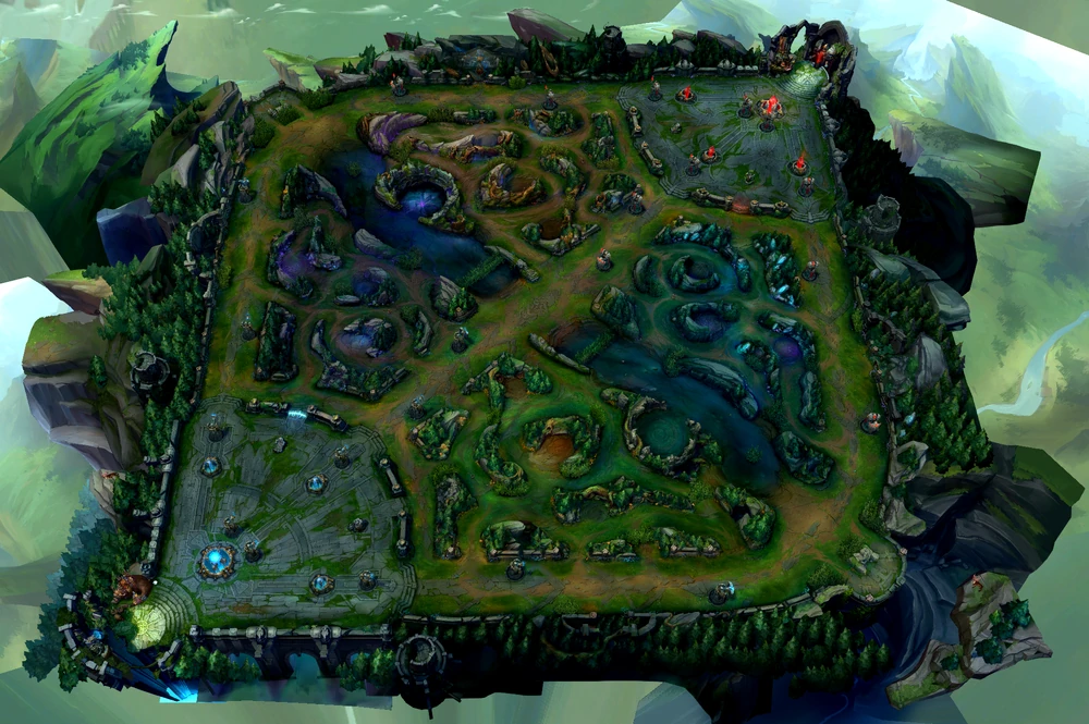 A map of Summoner's Rift from League of Legends.