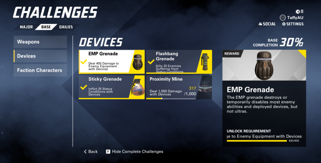 A screenshot of the XDefiant challenges screen with the EMP Grenade challenge selected.