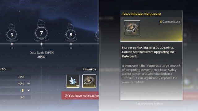 Data Bank levels on the right and Force Release Component reward on the left in Wuthering Waves.