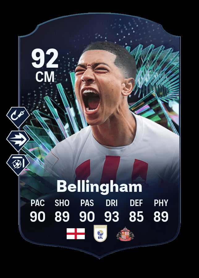 Jobe Bellingham's EA FC 24 TOTS Moments card with attribute stats