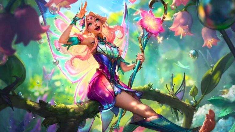 Lux's Faerie Court splash art with lux being surrounded by flowers and trees and grass in league of legends