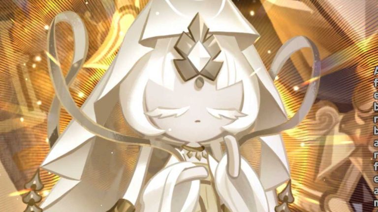 Mystic Flour Cookie's keyart in Cookie Run Kingdom showing her in white over a golden background.