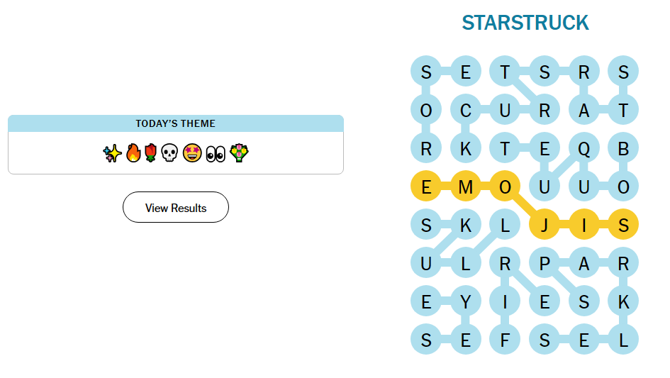 The May 19 Strands solution showing Emojis in yellow as the Spangram.