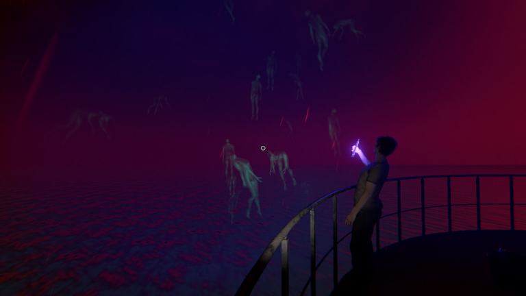 A player holding a glowstick UV Light looking up at some green floating ghosts in a purple and red sky at the top of the Point Hope lighthouse map in Phasmophobia.