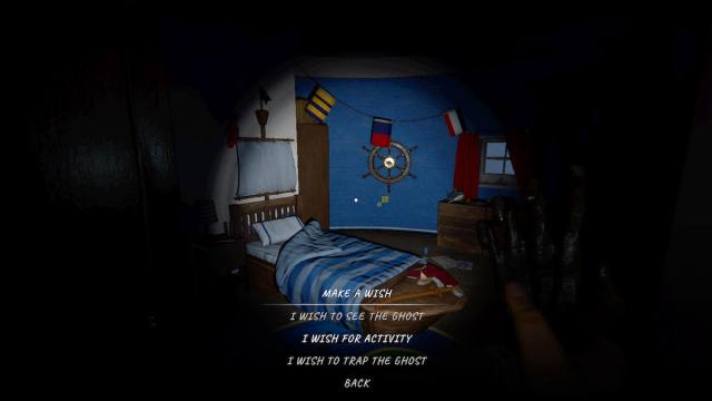 The player holding a Monkey Paw in the children's bedroom at Point Hope in Phasmophobia preparing to choose a wish from three options: I want to see the ghost, I wish for activity, and  I wish to trap the ghost.