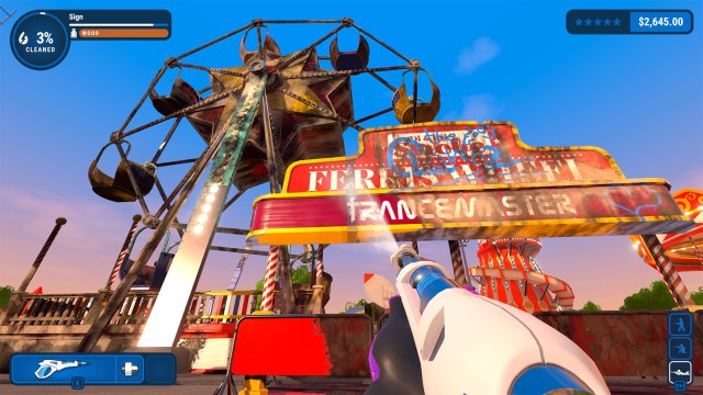 PowerWash Simulator screenshot showing the player cleaning a Ferris wheel