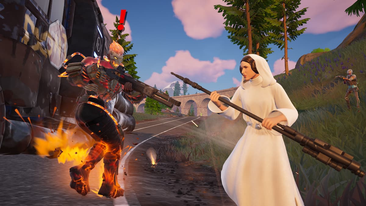 Princess Leia fighting Megalo Don in Fortnite.