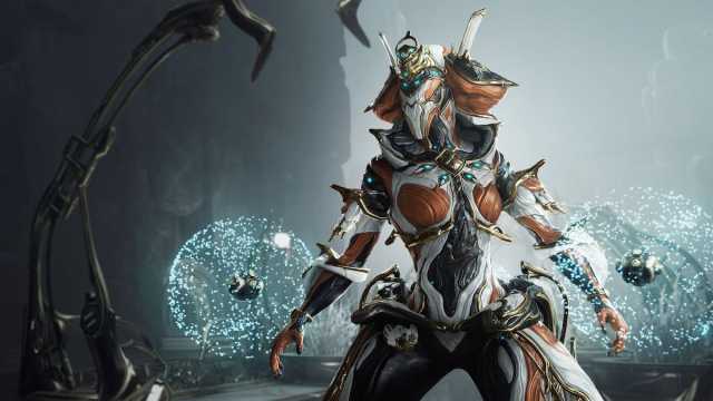 Protea Prime posing on Lua with her grenade fan in Warframe.