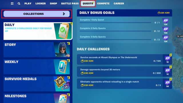 The Quests and Collections pages marked in Fortnite.