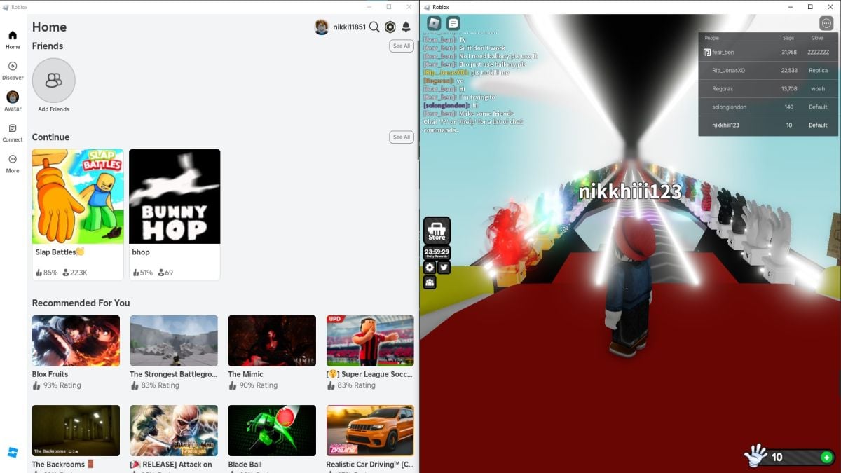 Two Roblox windows side by side using Roblox Account Manager