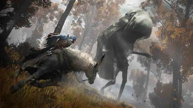 Players looking at the Elden Ring boss while riding a horse.