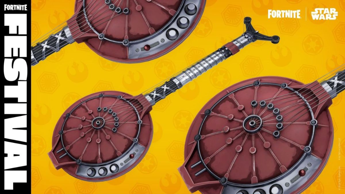 The hallikset guitar from Star Wars on a yellow background as part of a Fortnite Festival banner.