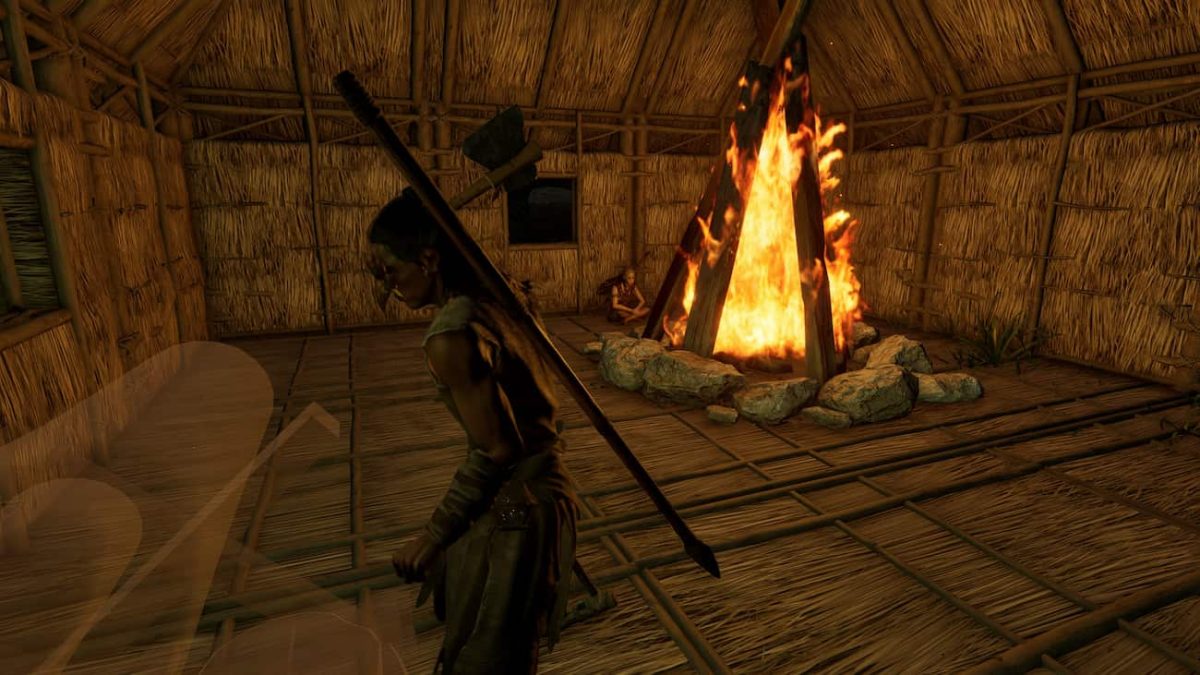 A Soulmask screenshot showing a player crafting near a fireplace in a thatch house.