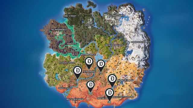 The locations of the Nitrodome and Oasis Pools marked in Fortnite.