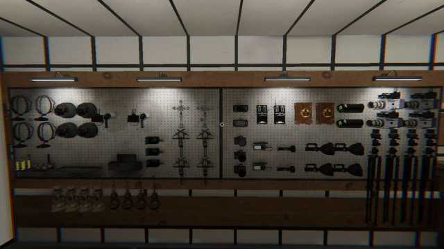 All equipment hung up on a wall for The Apocalypse Draws Near challenge in Phasmophobia.