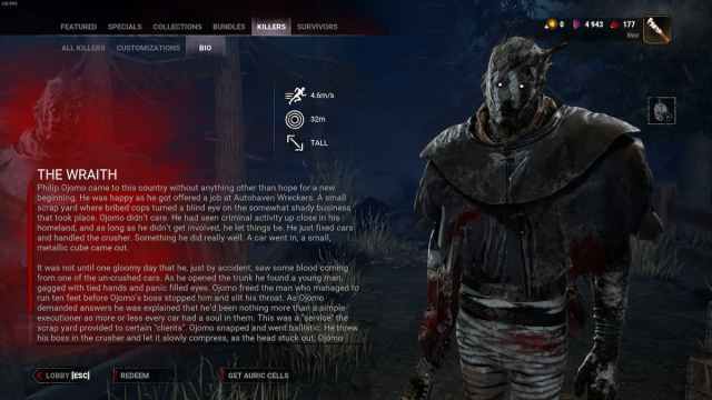 The Wraith's bio in Dead by Daylight.