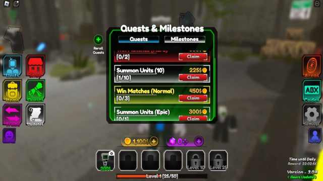 Titan Tower Defense Quests & Milestones menu