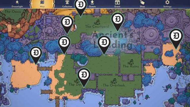 All Topaz locations on Eternity Isle marked on a map in Disney Dreamlight Valley.