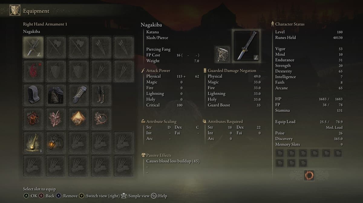 Showcase page of the Nagakiba weapon in Elden Ring