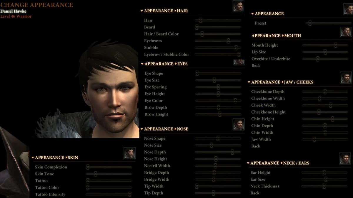 An image of the altered character creator in Dragon Age II