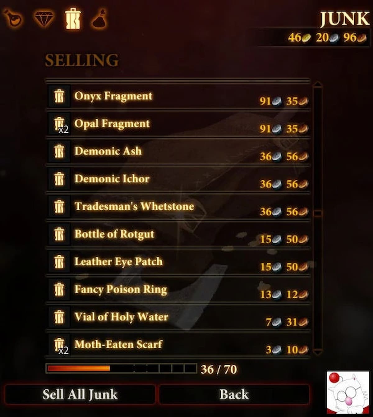 An image of the junk menu altered with a mod in Dragon Age II. Image via Bioware and mogbert on Nexus Mods.