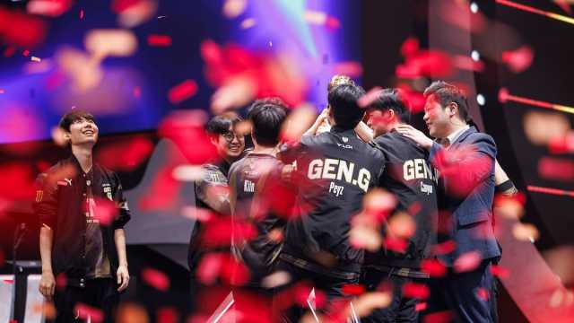 Gen.G Esports are seen on stage with the trophy after victory against Bilibili Gaming during Mid-season Invitational Finals.
