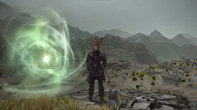 A character stands on a hillside with mountains and an Aether Current nearby in Final Fantasy.