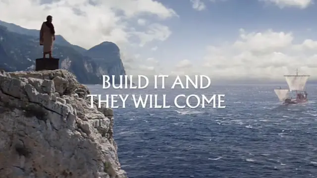 "Build it and they will come" with governor on the cliffside and a boat in the distance for Anno 117 trailer