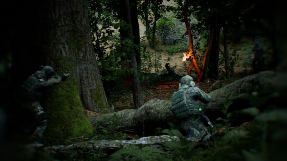 Soldiers shooting enemy forces inside forest setting