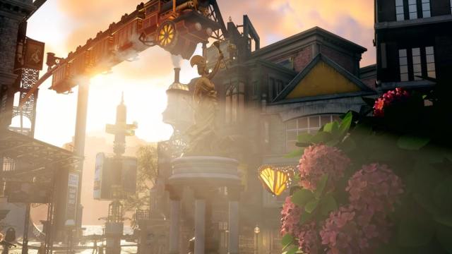 A flying tram going past as the sun reflects off it with a golden butterfly flying past as the focal point of the shot in Clockwork Revolution trailer