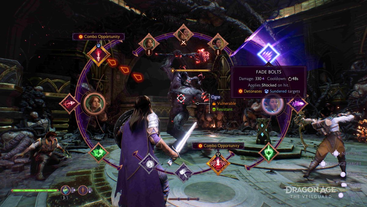 The Dragon Age ability wheel with an enemy ogre in the background