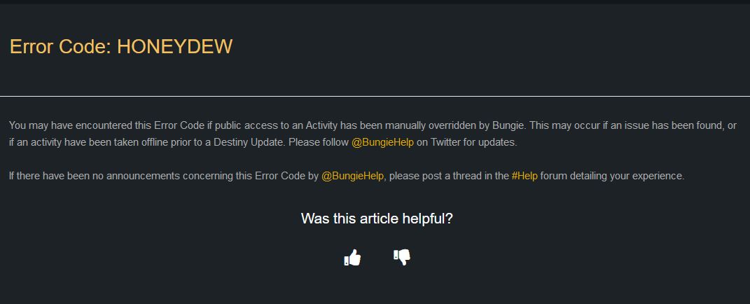 A screenshot of the description of the Honeydew error code from the Bungie website.