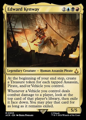 Edward Kenway from Assassin's Creed swinging onto pirate ship through MTG card