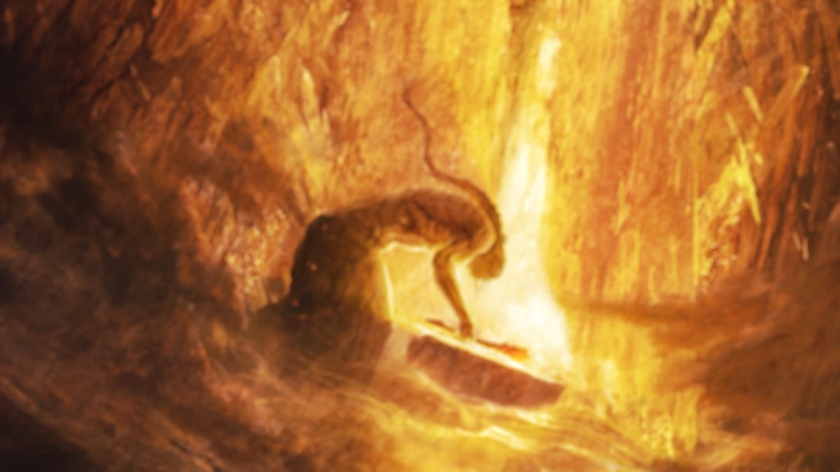 A figure strikes a forge with their hammer during the opening cutscene of Elden Ring.