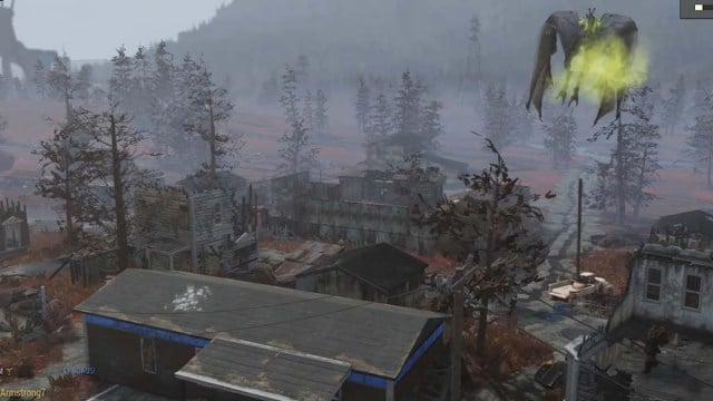 An overhead shot of a camp and treeline in Fallout 76.
