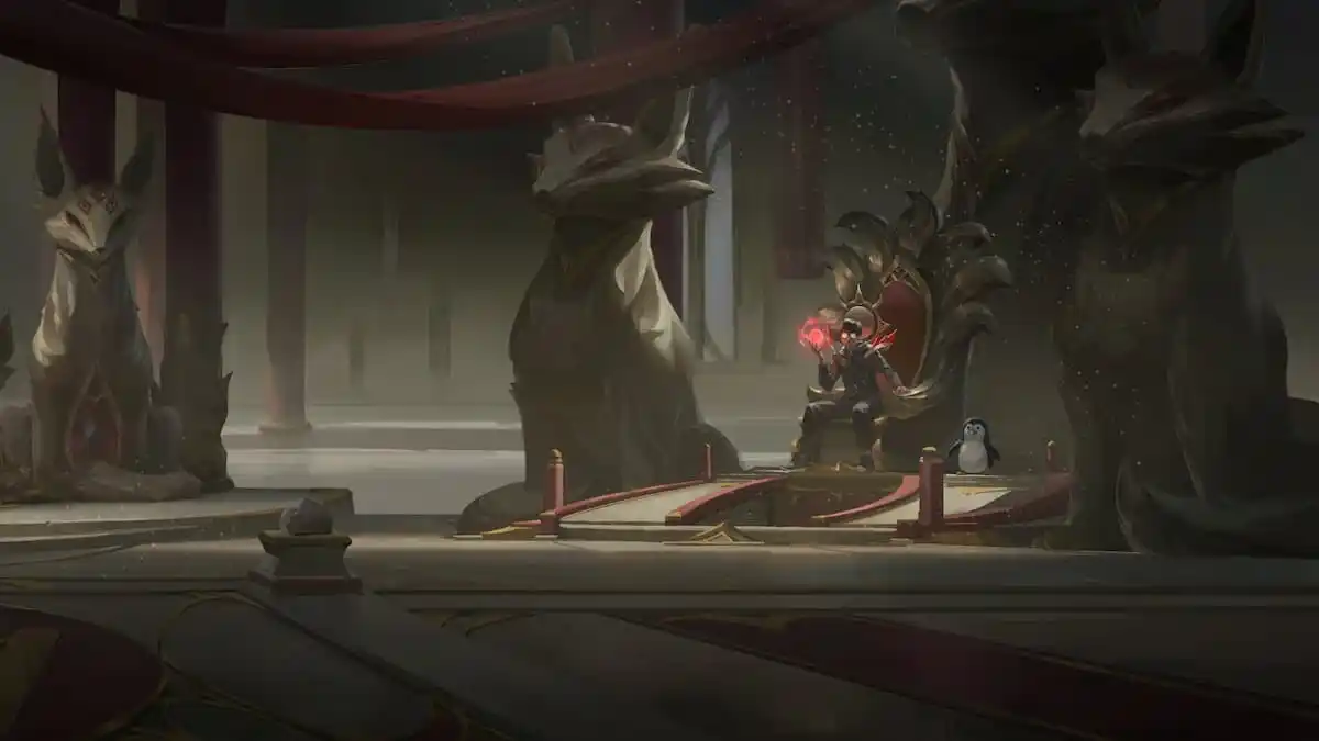 Faker sitting on the throne in the Hall of Legends, with a penguin by his side.