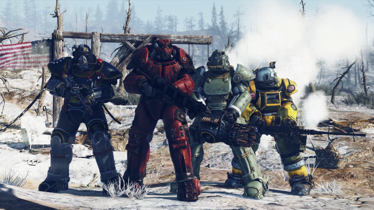 An image from Fallout 76 of four players wearing power armor and wielding different weapons.