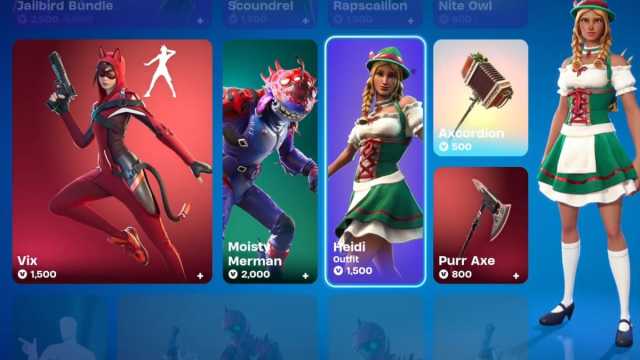 The Heidi skin shown on a tab in the Fortnite shop.