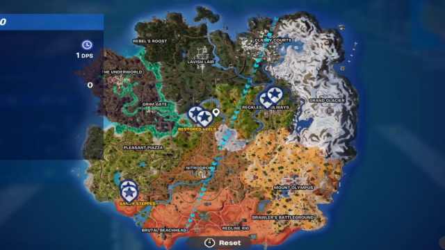 A map showing Metallica Spray locations in Fortnite.