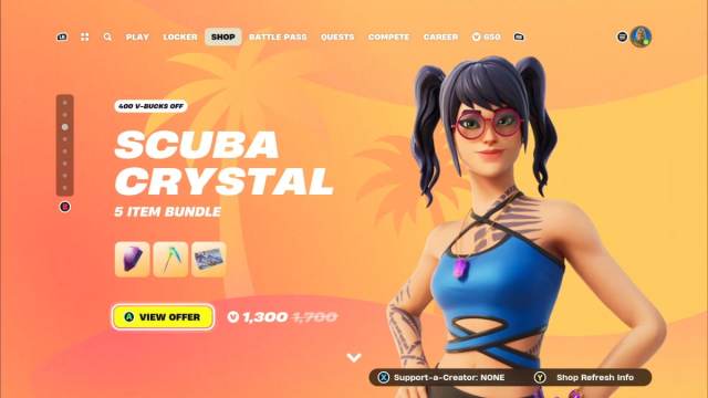The tab in the Fortnite shop for the Scuba Crystal Bundle.