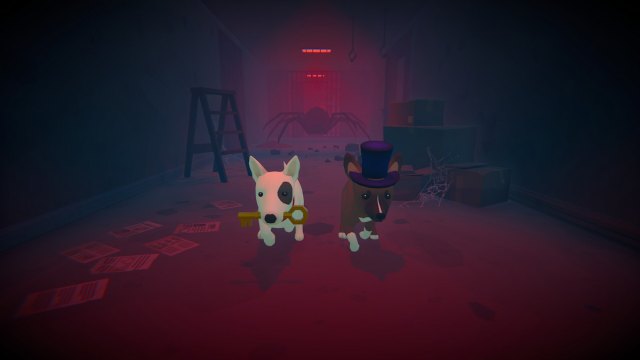 Two dogs—a white Boston Terrier and a  brown Mutt—run down a reddish hallway with a giant spider chasing them in this screenshot from Haunted Paws.