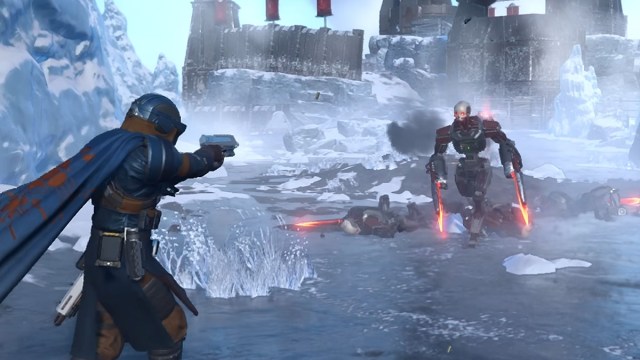 A Helldivers uses the pistol from Polar Patriots to battle a robot in Helldivers 2.