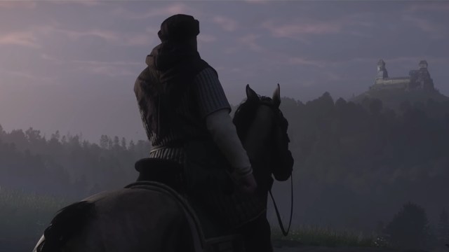 Character in Kingdom Come Deliverance 2 trailer riding horse towards village
