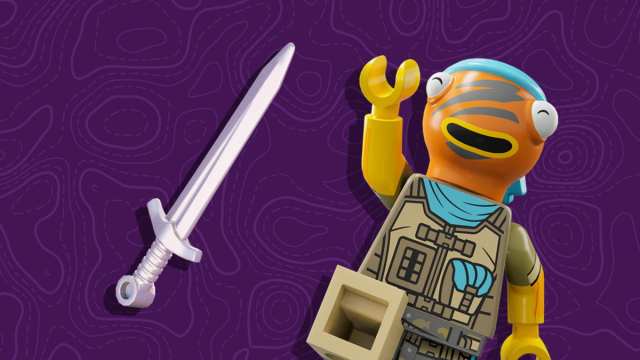 A character in LEGO Fortnite alongside a sword.