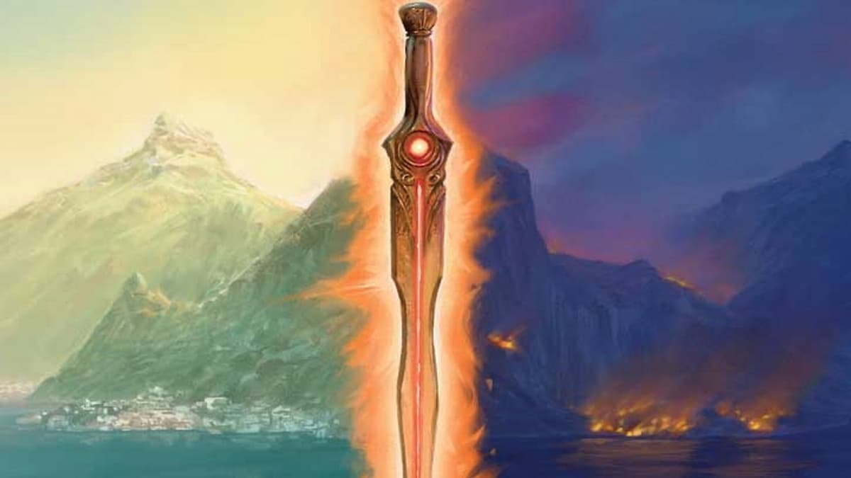 Flaming sword above sea and in front of mountains in MTG Assassin's Creed set