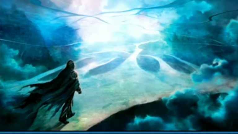 Jace walking in Magic shiining blue lights through clouds in MTG card