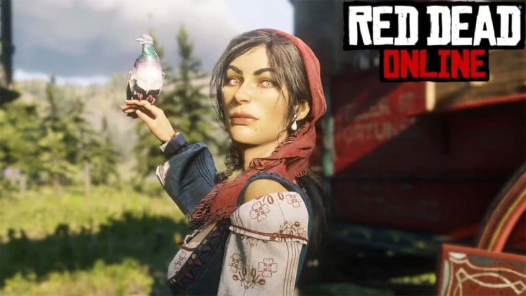 Madam Nazar holding a pigeon in red dead online.