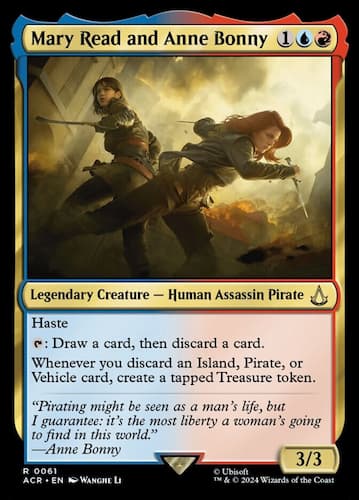 Mary Read and Anne Bonny from Assassin's Creed franchise fighting with swords on MTG card