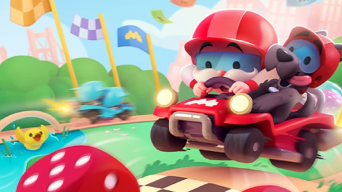 Mr. Monopoly and Scottie racing in a car