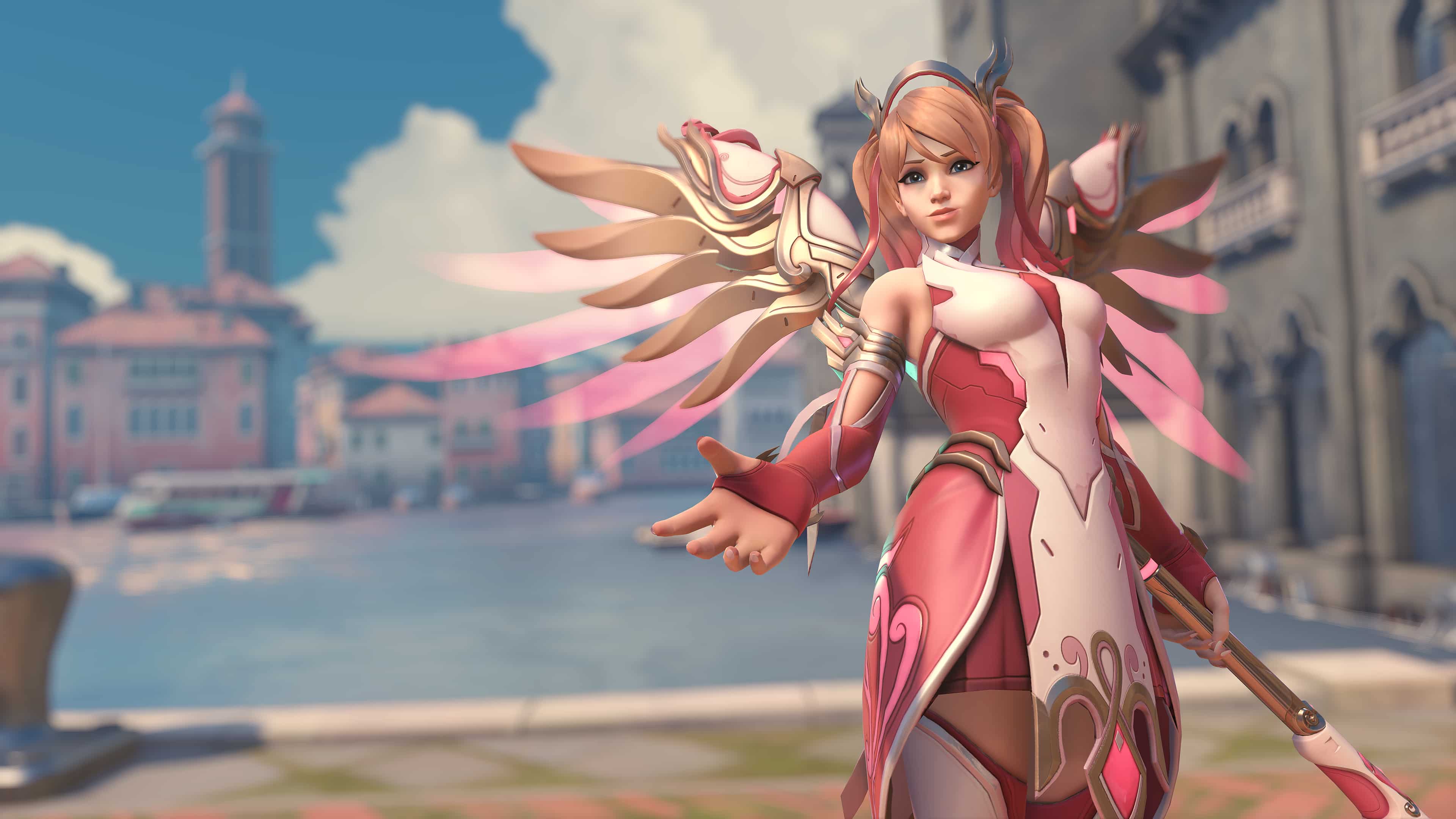 Mercy reaches out her hand with rose gold wings.